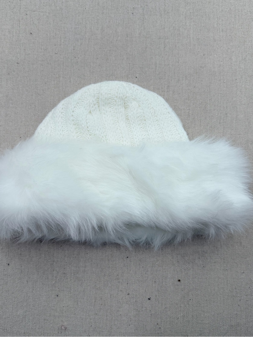White Faux Fur Trim Knit Beanie Hat